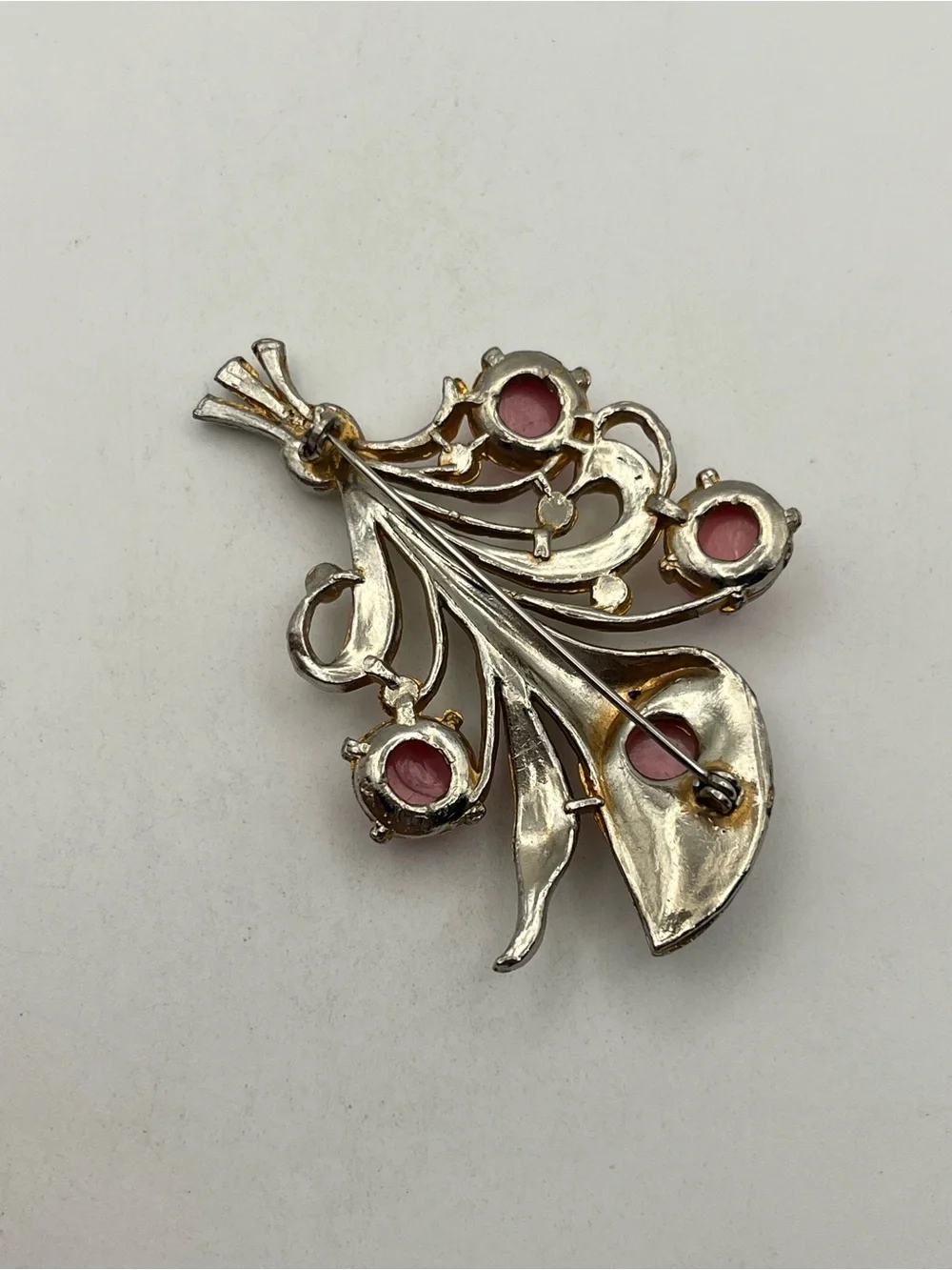 1950’s Mid Century pink moonglow cabochon stones flower bouquet brooch pin